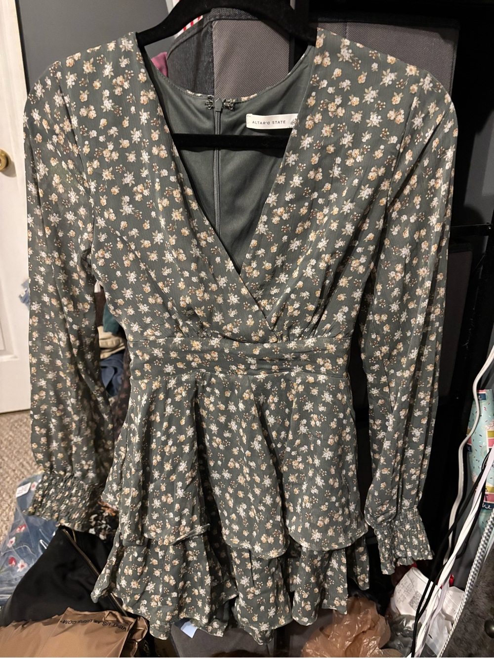 Altar'd State Sage Floral Ruffle Wrap Dress